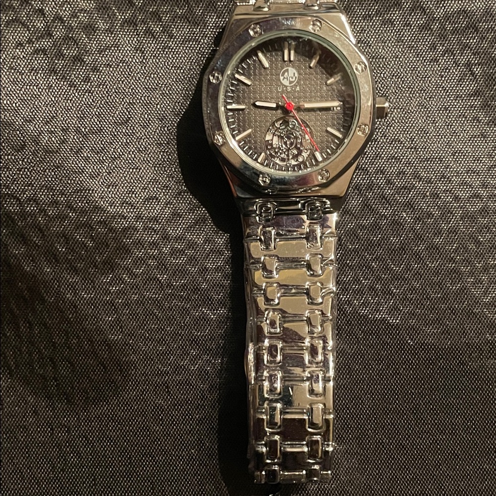 Silver Watch with Black Dial